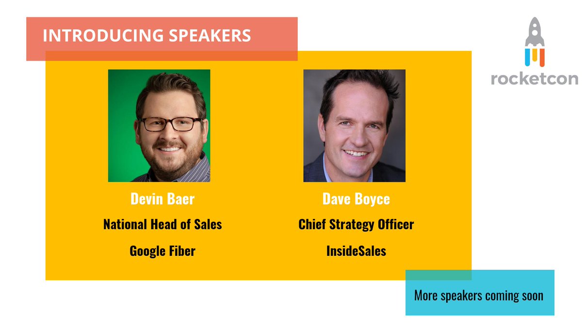 TheRocketCon's tweet photo. RocketCon 2019 recently added @devinbaer, National Head of Sales at @googlefiber  &amp; Dave Boyce, Chief Strategy Officer at @InsideSales to its list of industry-leading speakers. Want to be part of the event? Apply to attend: https://t.co/OF6Bjua01p

#Confrence #speakers #visionary https://t.co/3QSTZfyxRE