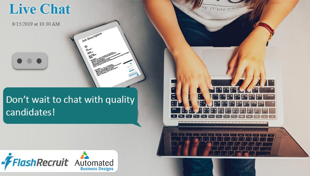 ABDtweets's tweet image. Do you want to connect with #candidates faster? ABD has a new partnership with @Flash_Recruit that allows you to chat with candidates LIVE as they are looking at your #jobs. Email us at info@abd.net to learn how it works!#staffingsolutions #recruitment #jobboard #staffingsoftware