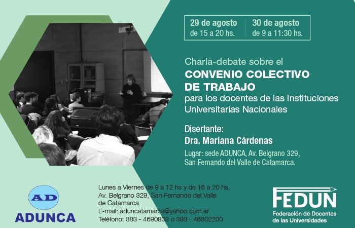 FEDUNArgentina's tweet photo. #ADUNCA ► CHARLA DEBATE SOBRE EL CCT para los docentes de las Instituciones Universitarias Nacionales.
➡ 29 Y 30 de agosto a cargo de la Dra. Mariana Cardenas https://t.co/Z7ZPZdy09v
