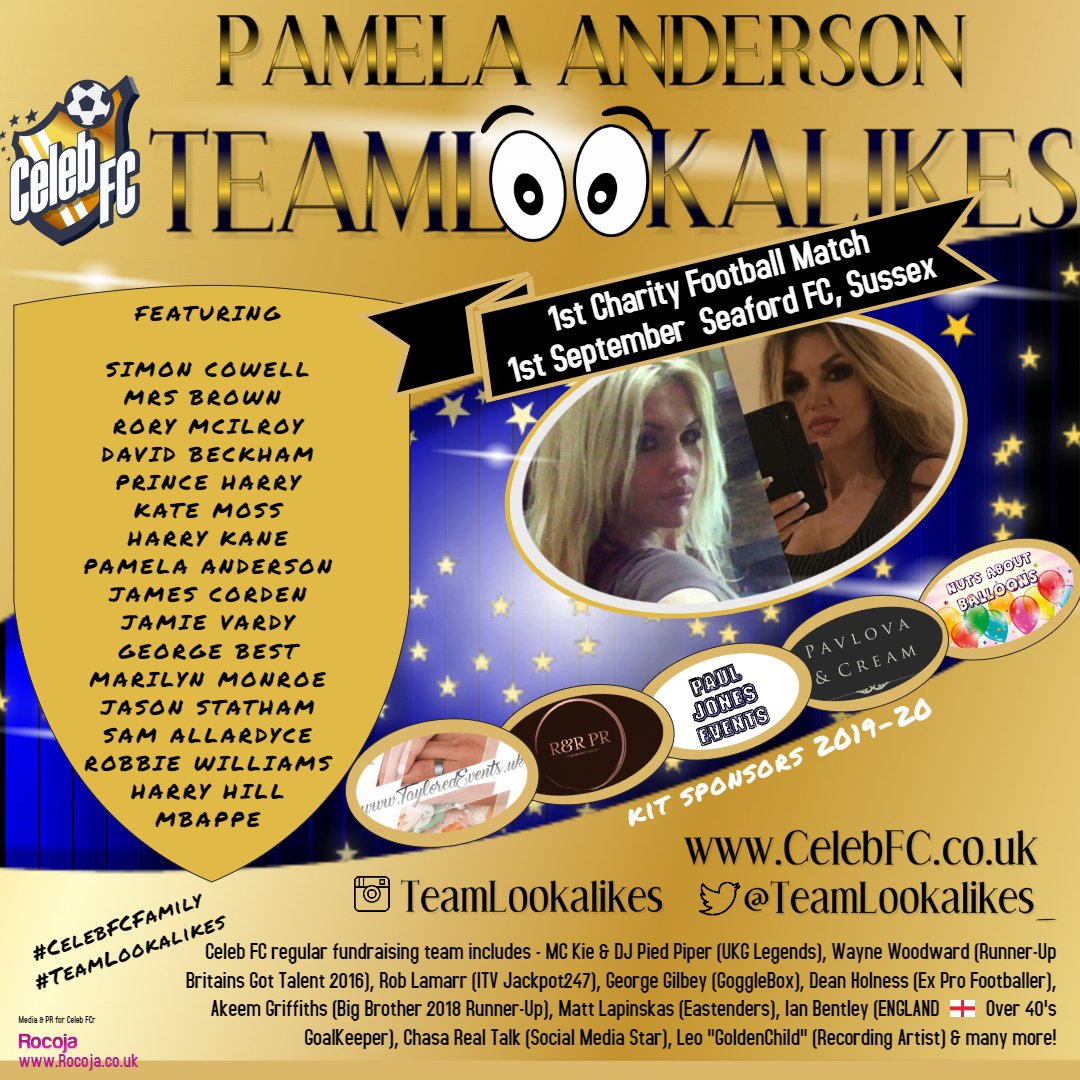 Stunning <a href="/Pammyxlookalike/">Pamela X Lookalike</a> is coming along with #TeamLookalikes to the #CharityFootball tournament on Sept 1st at #SeafordTownFC - Organised by 
<a href="/ChandlersBS/">Chandlers Building Supplies</a> &amp; <a href="/Celeb_FC/">Celeb_FC</a> AT <a href="/SeafordFc/">Seaford Town FC</a>
 for  <a href="/VarietyGB/">Variety, the Children’s Charity</a> <a href="/TeenageCancer/">Teenage Cancer Trust</a> <a href="/RAINYDAYTRUST/">Rainy Day Trust</a>
  <a href="/wolofoundation/">wolofoundation</a>
 #PamelaAnderson #SeafordCelebFC