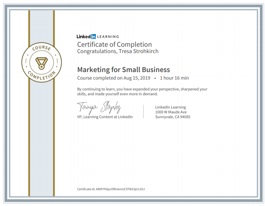 SSMMmedia_mngmt's tweet photo. Brushing up on, “Marketing for Small Business”! Really loving @bradbatesole's courses and getting ready to start the course path, "Become an Online Marketing Manager." #CertifiedSocialMediaManager #strategicsocialmediamanagement #BecomingSociallyCertified #LinkedInCertification https://t.co/X4GA0aQ7sX