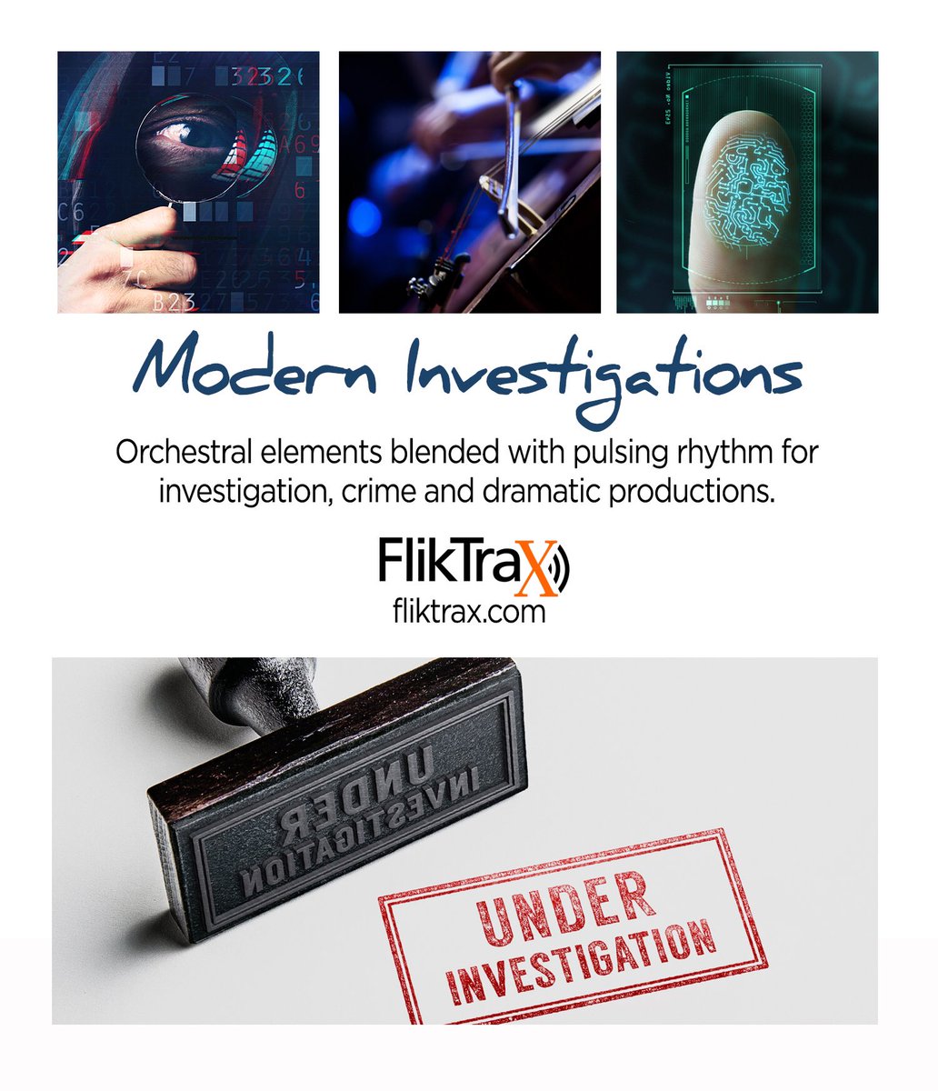 Fliktrax's tweet photo. Fliktrax’s “Modern Investigations” is available now for license in all media. Pulsing rhythms and synths paired with traditional orchestral instruments created specifically for crime, mystery, tension and dramatic  production. #tvmusic #tvpros #postproduction #crime #studio https://t.co/GXJ6sPNSPC