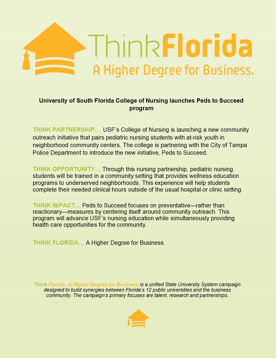 SUS_Florida's tweet image. #ThinkFlorida @USouthFlorida College of Nursing launches Peds to Succeed program