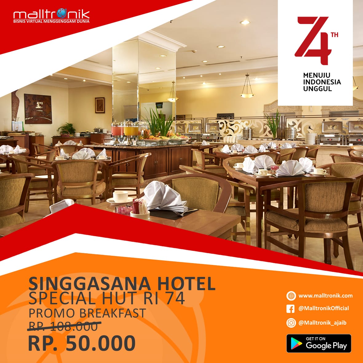 MalltronikI's tweet photo. MALLTRONIK MENUJU INDONESIA UNGGUL 
PROMO BREAKFAST Ramedo Hotel  MAKASSAR 
SPECIAL HUT RI - 74

DOWNLOAD &amp; INSTAL APPLIKASI DI Playstore klik link ini
https://t.co/BsnB2uDl8A

INFO CUSTOMER SERVICE MALLTRONIK
Silahkan klik link ini https://t.co/oFP2mWBzQE https://t.co/6ST44e8mrI