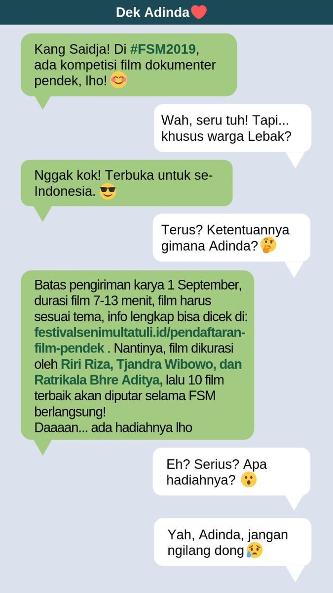 FS_Multatuli's tweet photo. Alkisah, di tengah hubungan LDR Lebak-Batavia yang dijalani Adinda-Saidja, Adinda membagikan kabar bahagia, tentang kompetisi film dokumenter pendek di #FSM2019 https://t.co/CEVVtdT03d