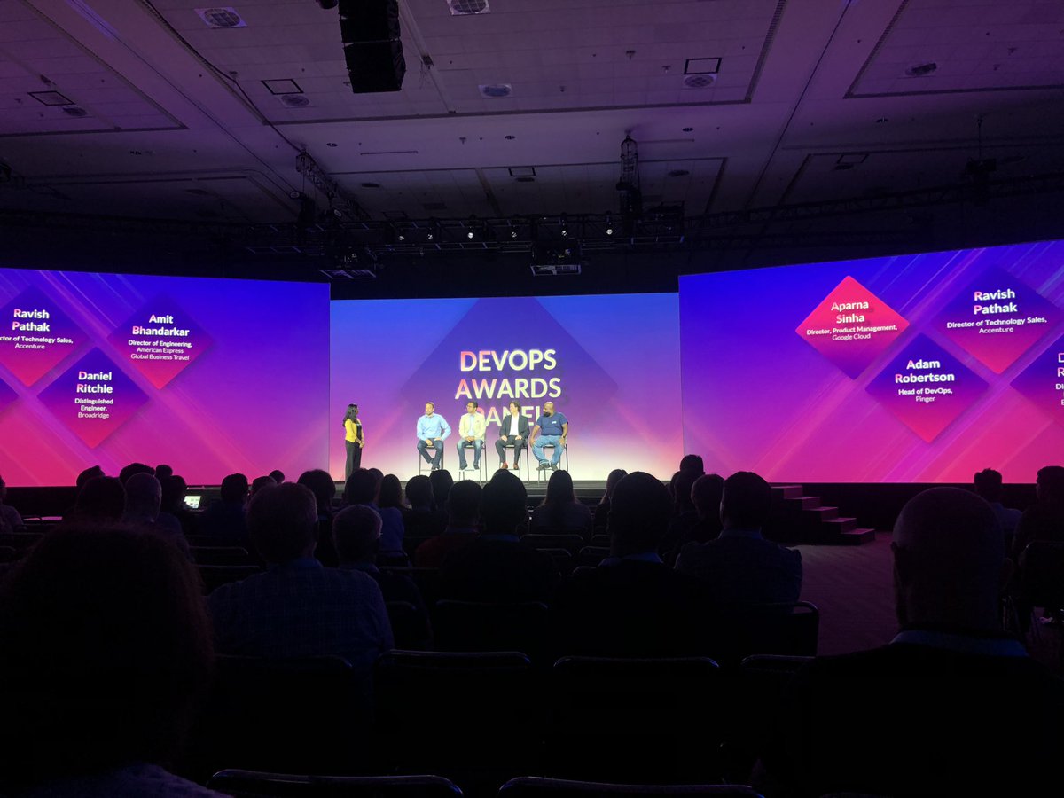 Delphix's tweet photo. Enlightening panel discussion by @apbhatnagar, @robertsonai, Ravish Pathan with @Accenture, Daniel Ritchie with @Broadridge, and Amit Bhandarkar with @AmericanExpress on #DevOps adoption, wins and challenges as well #diversity in tech https://t.co/shVDlYwcbG