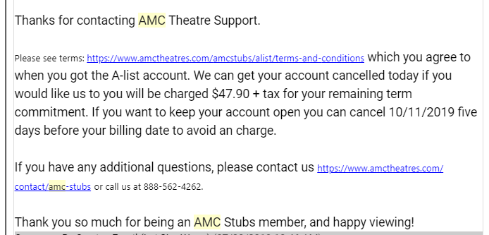 benjaminhpang's tweet photo. Guys, DO NOT subscribe to 
@AMCTheatres
 A-List!!
Really annoyed~ They don't make it clear that you have to subscribe for at least for 3 months. You can't cancel early either, they make you call back 5 days before the 3 months end to cancel. https://t.co/SzV8iazR0o