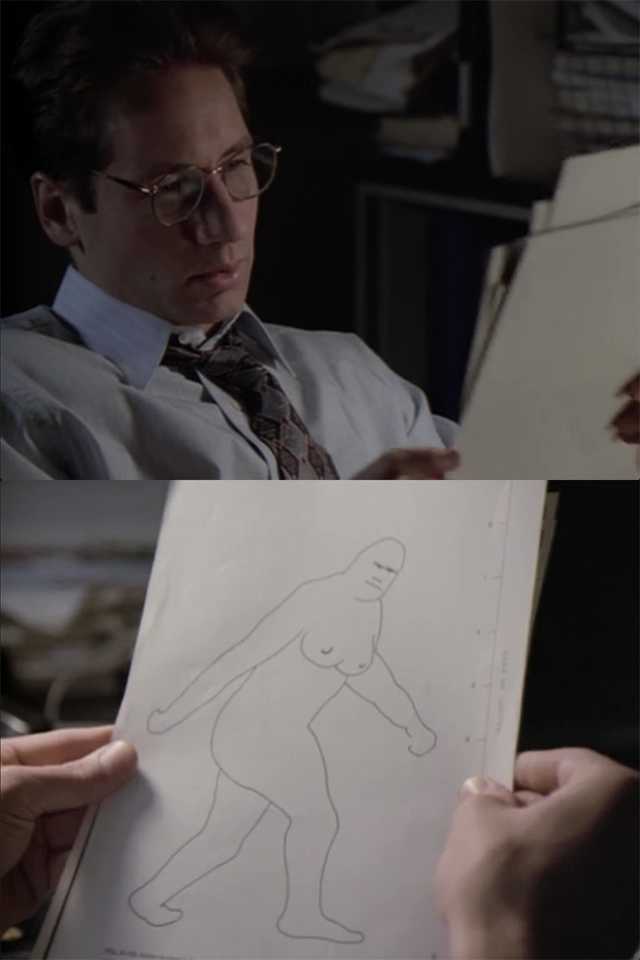 Season 1, Episode 5 - "Jersey Devil"I'm a big fan of the 'Uncooperative Local Law Enforcement' trope. First hint of Mulder's porn consumption as a running joke. Otherwise kind of a forgettable filler episode. I burst out laughing at the camera panning to this drawing.