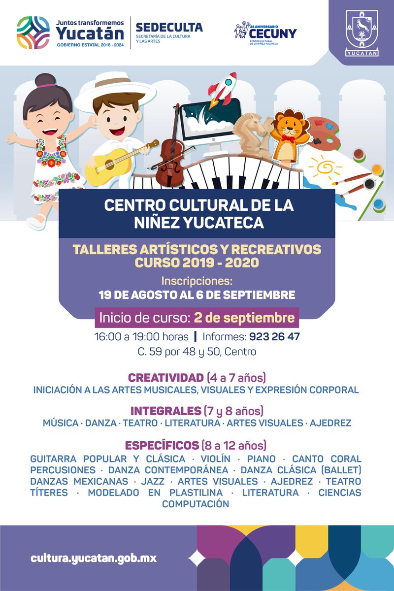 SedecultaYuc's tweet photo. Ponemos a su disposición la información de horarios de inscripciones y reinscripciones de nuestro Centro Cultural de la Niñez Yucateca #Cecuny.

Mayores informes al 9-23-26-47. https://t.co/UnngDVk91P