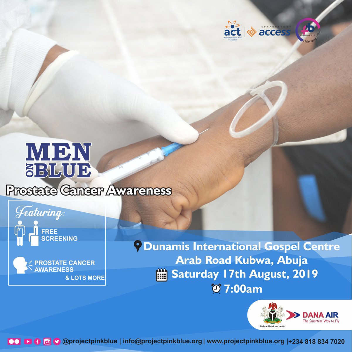 projectpinkblue's tweet photo. Join us this Saturday 17th August by 7:00 am at Dunamis International Gospel Church, Kubwa for our FREE Prostate cancer Awareness &amp; Screening programme.

Let us collectively end #prostatecancer.

#MenonBlue #ChokeCancer https://t.co/o9XpuGkIXy