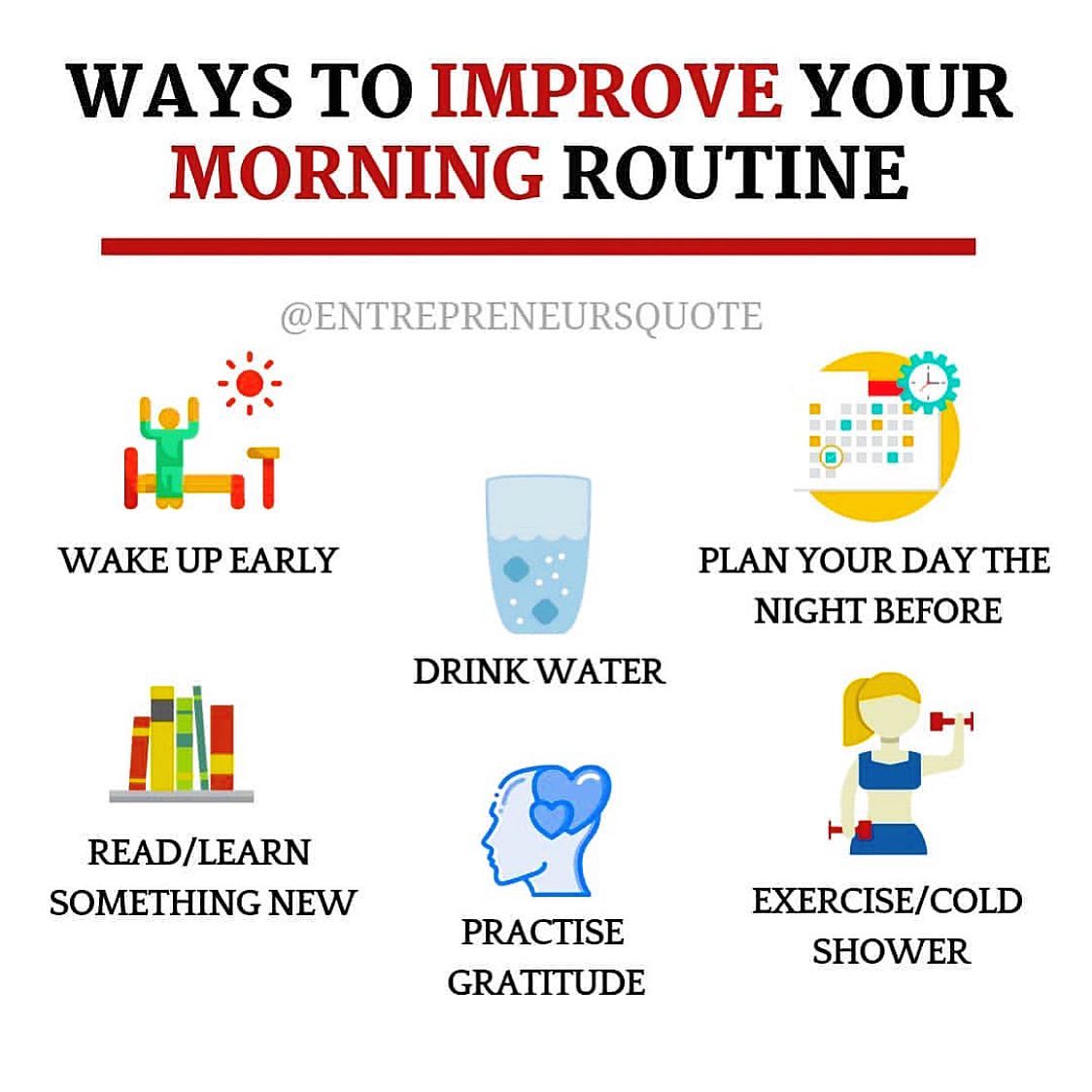 How do you improve your morning routine? 👨‍🍳👨‍💼🤸‍♀️🏋️‍♀️🧘‍♀️🎨🎼
.
.
#gettingfit #wakingupearlier #breakingbadhabits #creatingnewhabits #positiveroutine #goodmorning