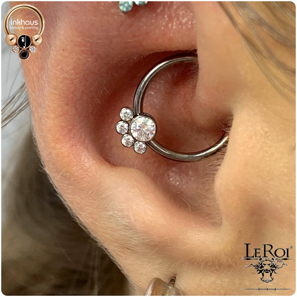 Daith piercings are always popular and this one I did today is looking super fancy with this stunning gem cluster from LeRoi Fine Jewellery! 😍 I just love how it looks like a little sparkly paw print! #DaithPiercing #piercings #yarm