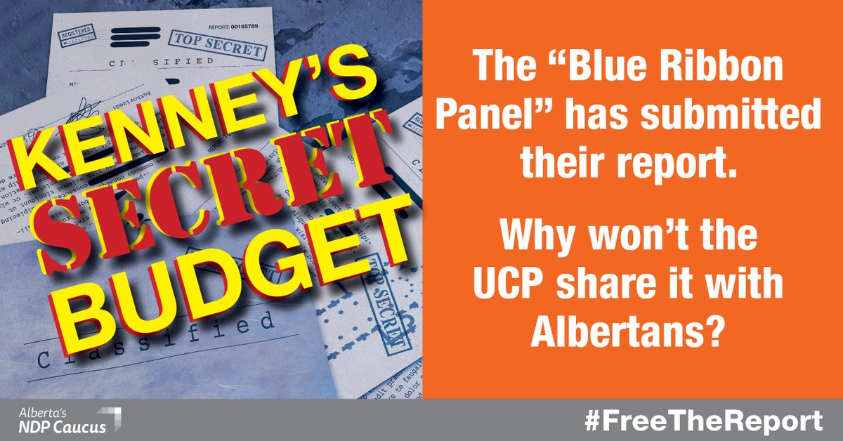 abndpcaucus's tweet photo. Albertans deserve to know the truth about the secret cuts being planned. Premier Kenney must release the report. #ableg #FreeTheReport https://t.co/jR7huFoz18