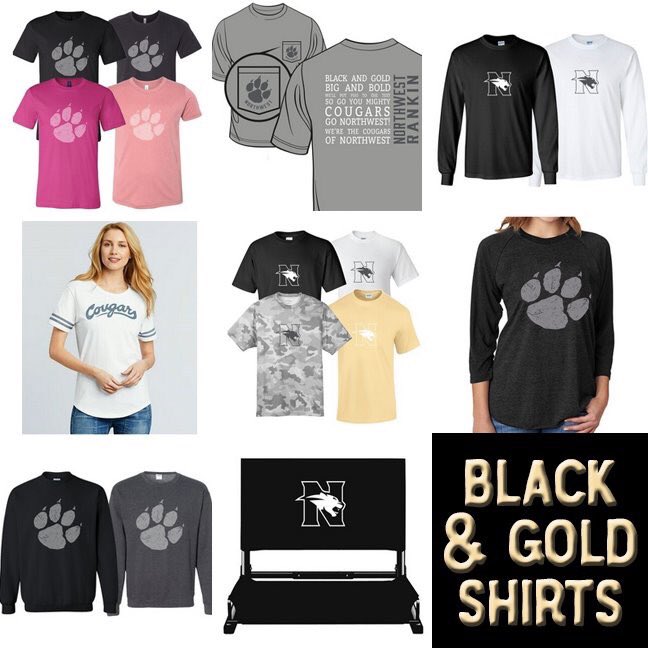 NWRCheer's tweet photo. Black &amp; Gold items are ON SALE NOW! Online orders: https://t.co/glzgokgwal. Paper order forms are due at all schools THIS FRIDAY. #GoCougars #spiritmatters @NWRankinHS @NWR12thMan @NWRCougars @OakdaleElem @HBECougars @Northshore_Elem @NWRElementary @Flowoodleader @nwrmiddle https://t.co/0OwXqAePHe