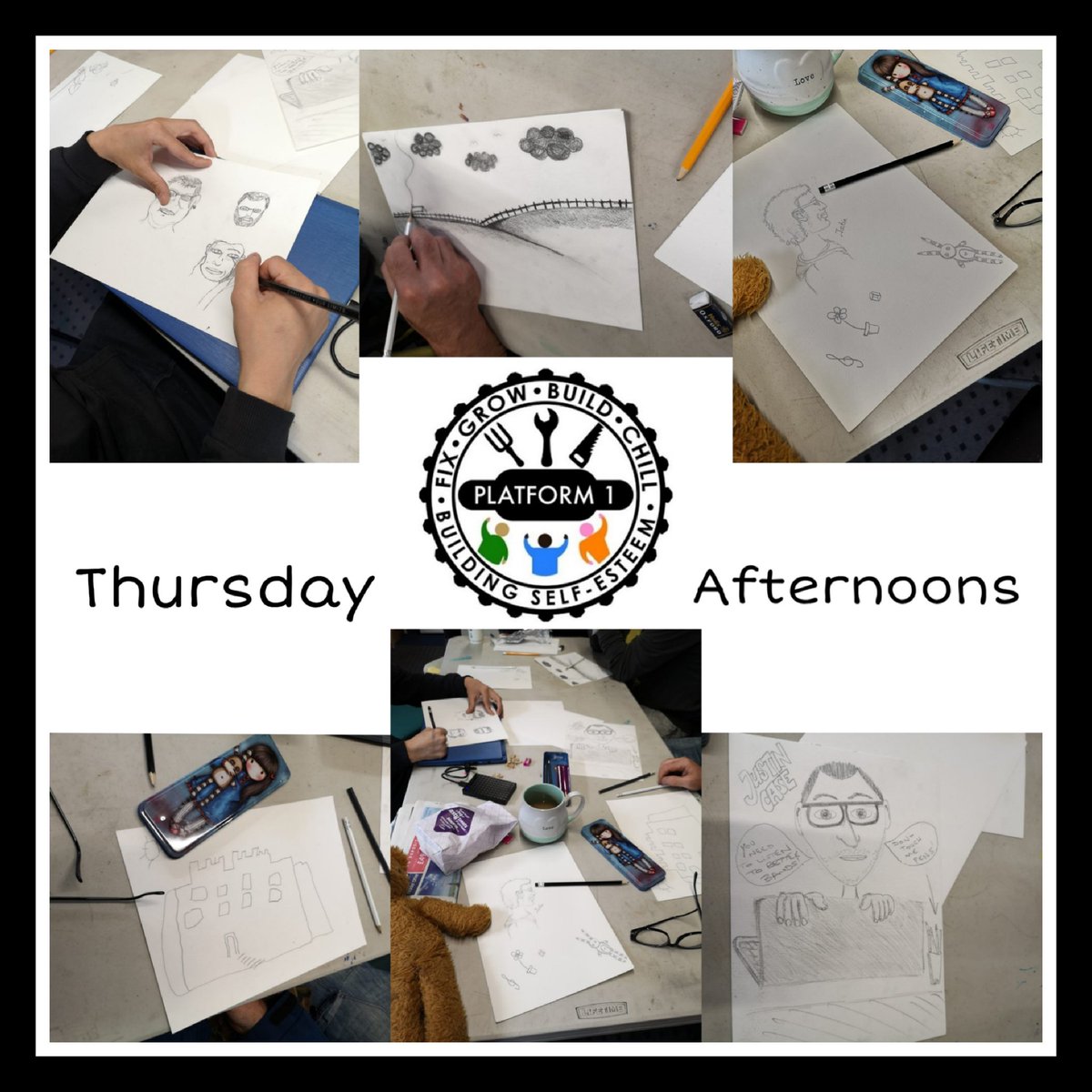 Platform_1_HD1's tweet photo. Thursday afternoons our members can choose to express their creative sides & have a go at different crafts. This afternoon we had a drawing session-I cannot even put into words how much laughter happened around that table today..with some amazing drawing, too! #avoidingthevoid https://t.co/qKvO80qafZ