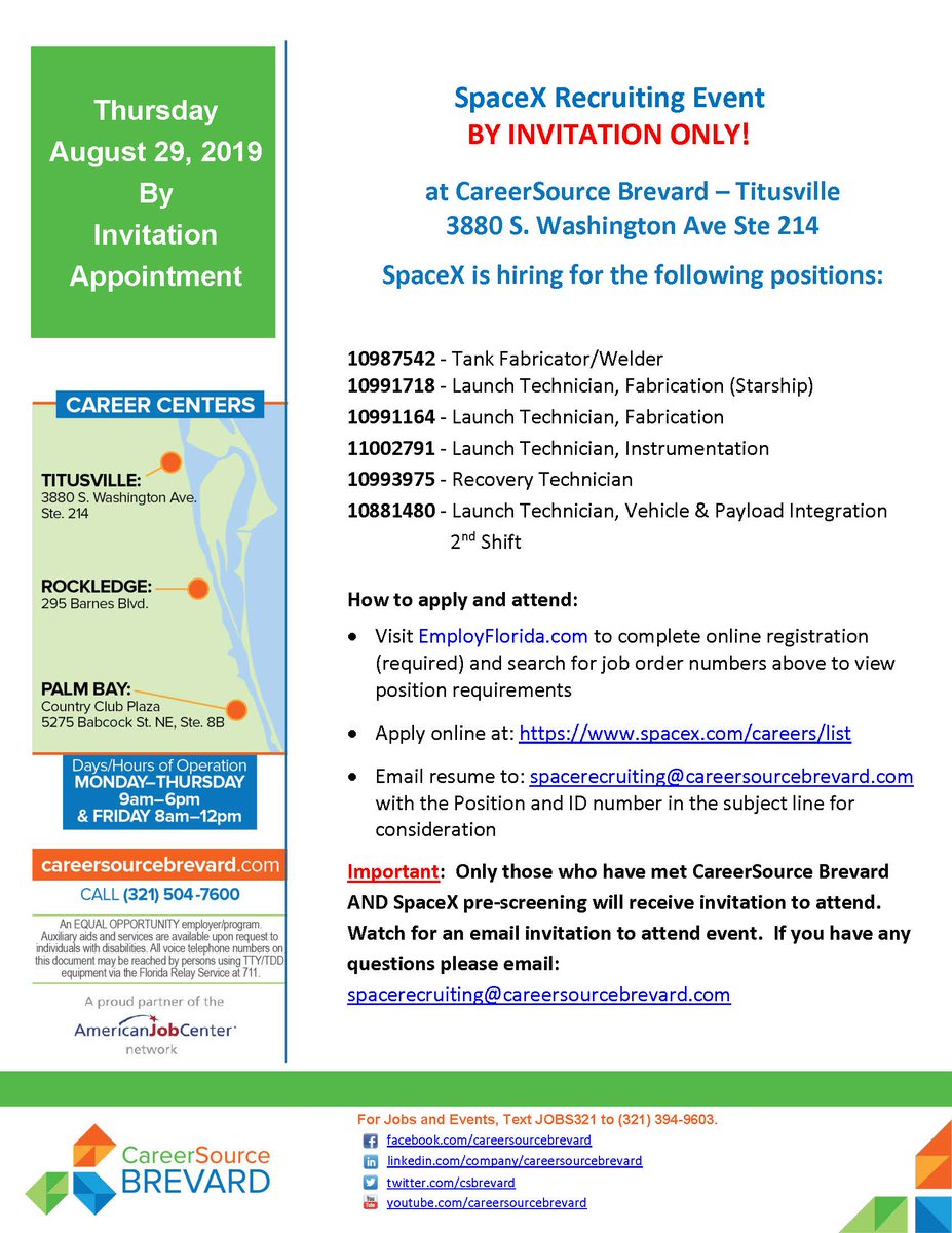 csbrevard's tweet image. DATE CHANGE: @SpaceX Recruiting Event (BY INVITATION)
NEW DATE: Thurs, Aug. 29th #datechange #hiring