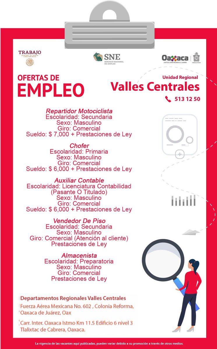 SNEOaxaca's tweet photo. Si estás en busca de empleo, conoce las vacantes de hoy para la #RegiónVallesCentrales 👨‍🔧. 
Acércate con nosotros para ser atendido por un #ConsejerodeEmpleo. 
Datos de contacto en el cartel 👇.

#Empléate @Sec_EconomiaOax @GobOax https://t.co/eNyOpYNM2s