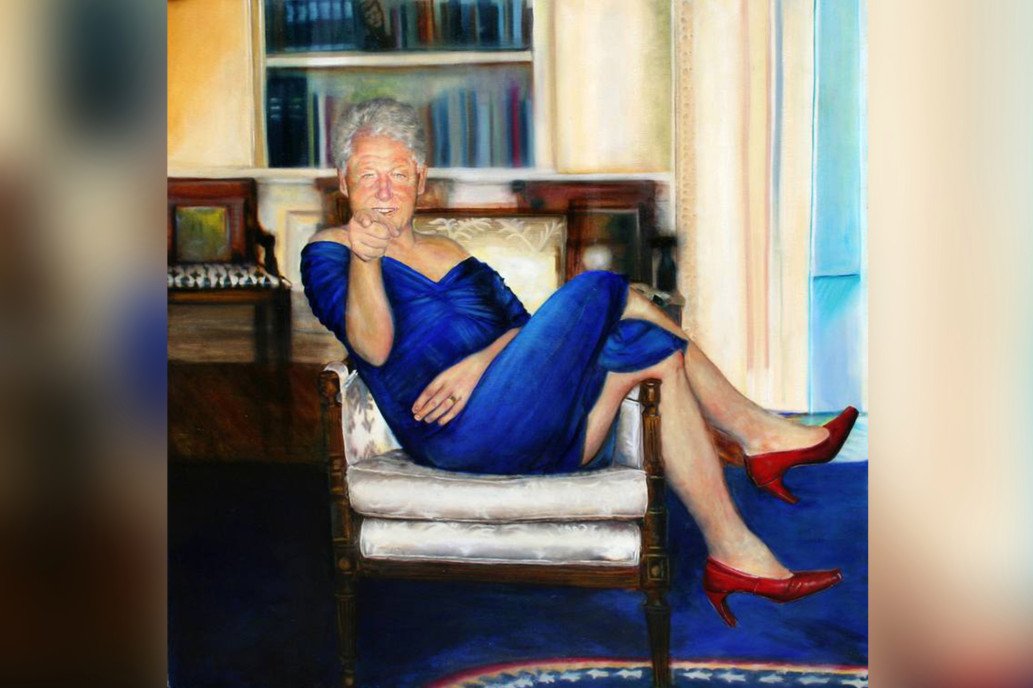 It's a put-on.  https://nypost.com/2019/08/14/epstein-had-bizarre-painting-of-bill-clinton-in-dress-heels-in-townhouse/