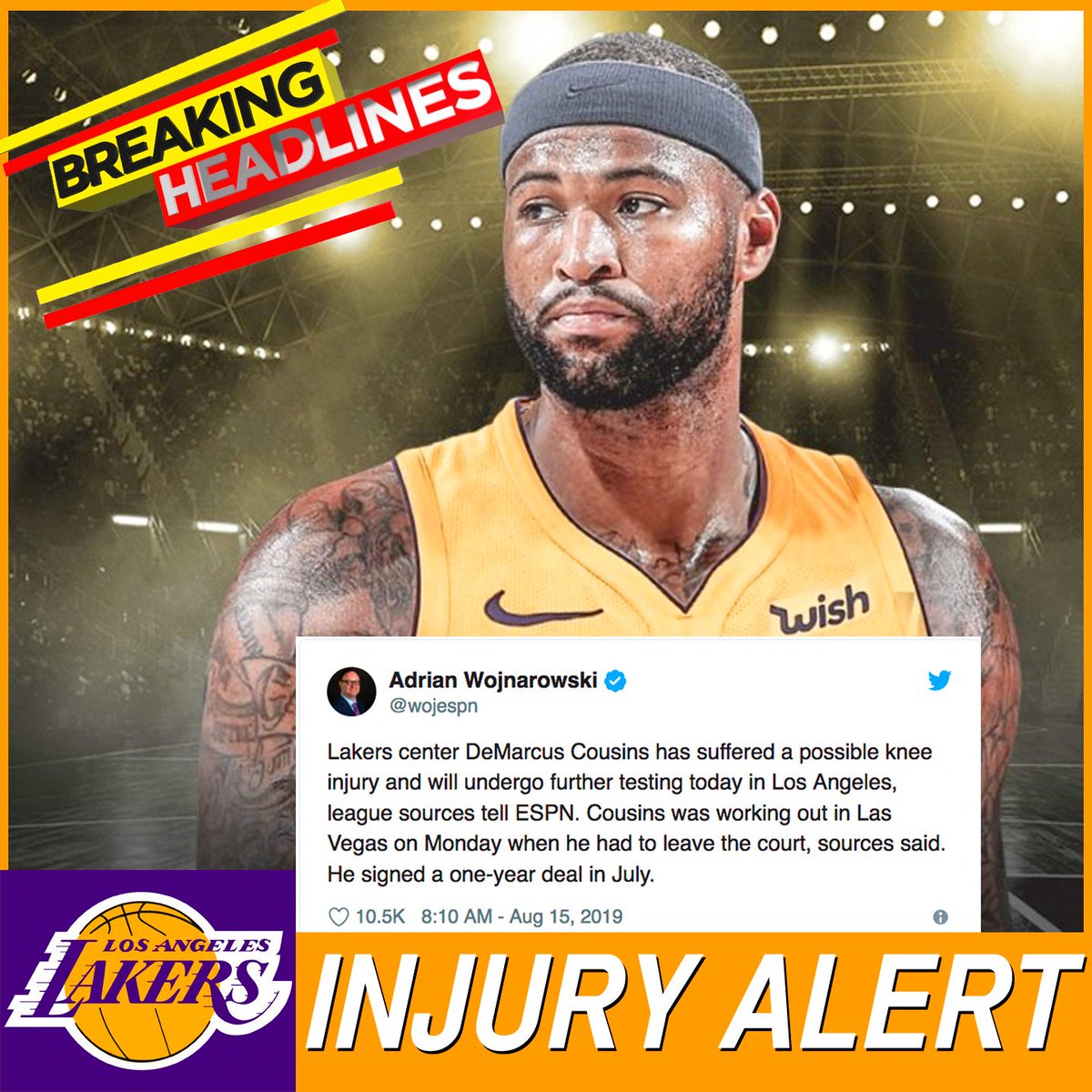 SoCalMediaZone's tweet photo. @boogiecousins suffers a season ending knee injury and possible career ending after reports saying that he has Torn his ACL. #lakers #lakernews #nbanews #injury #boogiecousins https://t.co/AO9KjbCrPB
