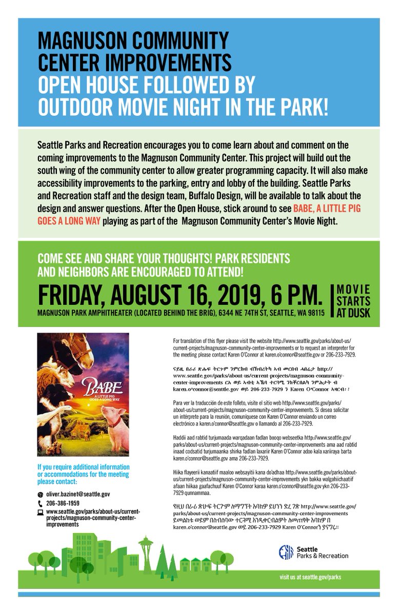 SeattleParks's tweet image. Magnuson Park friends &amp;amp; neighbors! Join us for an Open House for Magnuson Community Center Improvement project &amp;amp; then stick around for the outdoor movie--BABE. Friday, Aug 16! Residents &amp;amp; neighbors of Magnuson Park are especially encouraged to attend. bit.ly/2Z6EJHF