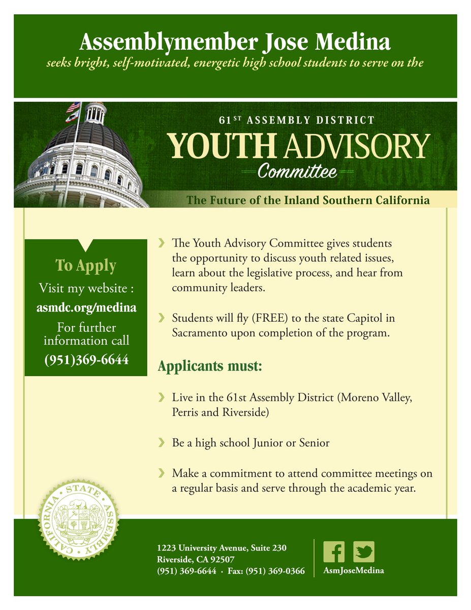 AsmJoseMedina's tweet photo. Are you a high school junior or senior interested in getting civically engaged? Apply to be a part of #AD61 Youth Advisory Committee! Members have the opportunity to discuss ongoing issues, hear from community leaders, and engage in the community. See flyer below for details. https://t.co/19Jc10ONjl