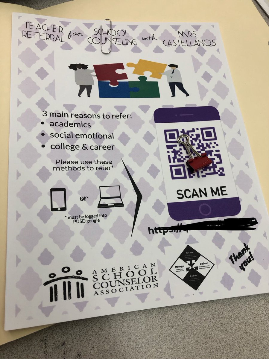 Being at multiple sites, it’s hard for staff to “catch” you re: students. Well here’s an online staff referral for school counseling with a link & QR code! #FancyShmancy #Proud2bepusd #data #asca #casc #scchat 📊📲💻