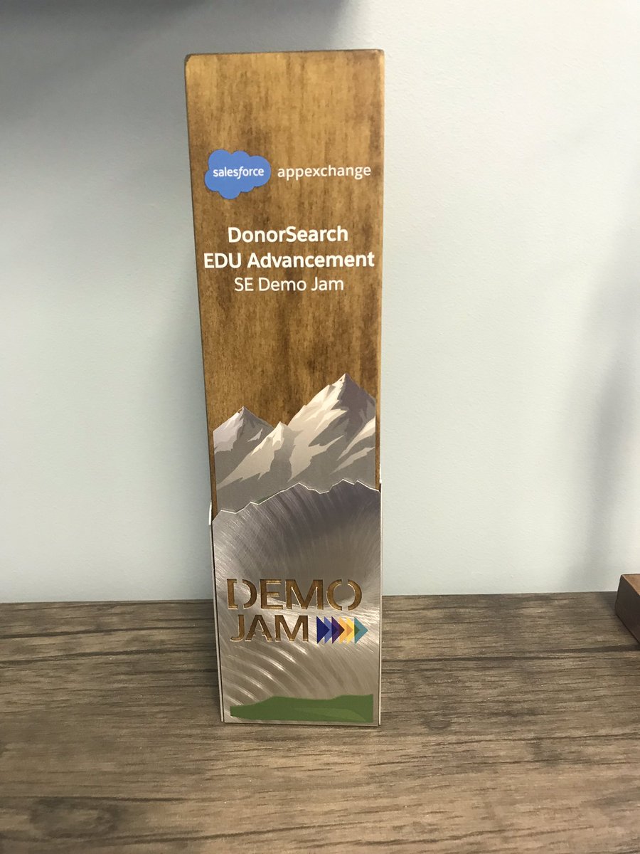 nprofmillenial's tweet image. Thanks @SalesforceOrg for the EDU Advancement SE DemoJam trophy. Thanks @DonorSearch developers for building the best tech fundraising app to help ed and higher ed SalesForce users #fundraisingtech #prospectresearch