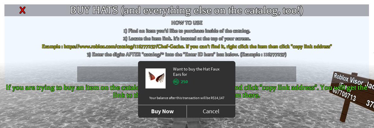 Lord Cowcow On Twitter To Buy The New Ugc Items Which Can T Be Bought Through The Catalog Head To My Game And Enter The Items Id Into This Little Area And A - roblox catalog new items