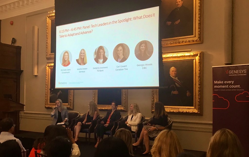 ClrMobile's tweet photo. Tech leaders from @TD_Canada, @Genesys, @CanadianTire and @cibc talking about what it takes to adapt and advance in the tech industry #CanadaFinTechWeek #WomeninTech @DFInstitute https://t.co/Qj3eiul3WQ
