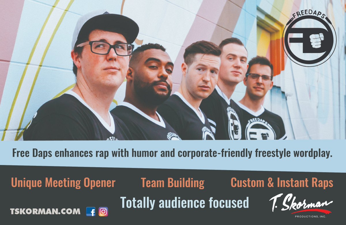 TSkorman's tweet photo. Hey @MPIOrlando and @MPISES 2019 attendees, don't miss Free Daps at the General Session next Thursday. Their unique brand of freestyle rap mixed with comedy is all about the audience. Check it out!
@FreeDaps #meetingprofs #MPISES2019 #corporateevents #tskorman https://t.co/NOiz6dewcO
