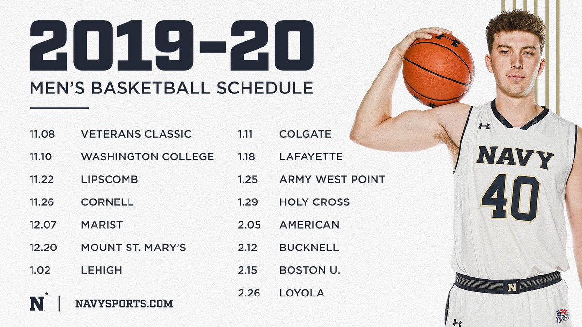 NavyAthletics's tweet photo. 📅🏀SCHEDULE RELEASE🏀📅
We'll see you in Alumni Hall!
Season Tickets are on sale now! Guarantee the same seat for all home games, including the 2019 Veterans Classic and the Army-Navy doubleheader!
🎟https://t.co/rxs9gY4USJ
#RaiseTheSail
@NavyBasketball | @NavyWBB https://t.co/tl2jTygfND