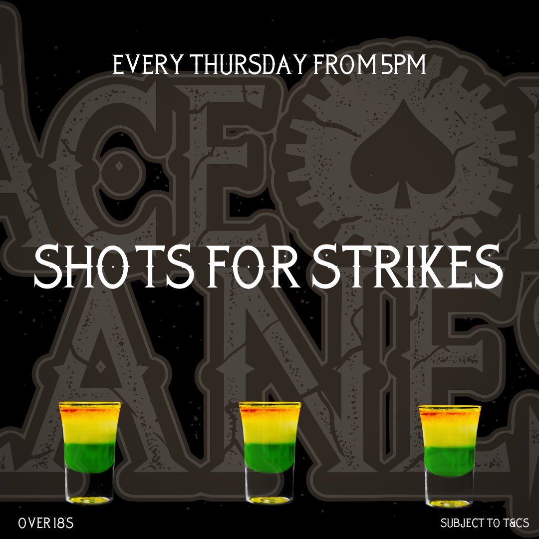 •♠️NEW PROMOTION♠️•                
⠀⠀⠀⠀⠀⠀⠀⠀⠀⠀⠀⠀⠀⠀⠀⠀⠀⠀⠀⠀⠀⠀⠀⠀⠀⠀⠀
Join us every Thursday for our Shots for Strikes - You get a strike, that’s a free shot on us!🎳          

T&amp;C’s Apply • 18+ Only🔞