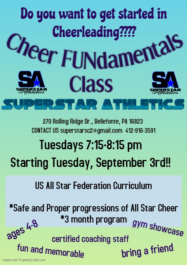 superstarsc2's tweet photo. Have you ever wanted to get involved with Cheer and/or Dance but didn’t know where to start?? We have the perfect FUNdamental classes beginning Sept 1st right here at Superstar Athletics! Email us today to get more info on how to sign up! SuperstarSC2@gmail.com https://t.co/31sUTBMLit