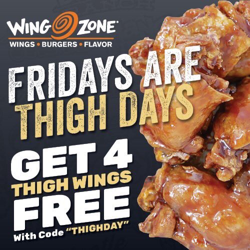 WingZone_Hamptn's tweet photo. Get 4 FREE Thigh Wings in July
1) Log-in or register at https://t.co/wFnbvoQJSl or on the Wing Zone app
2) Check box to opt-in to receive text &amp; offers
3) Add 4 Thigh Wings to your online order
4) Enter code "THIGHDAY" at checkout
 #hamptonva #hamptonroads https://t.co/xlhgmS52f7
