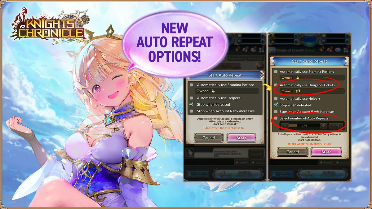 knightschron's tweet photo. Auto Repeating Dungeons just got easier with some new additions!
Control the number of Auto Repeats and automatically use Dungeon Tickets to keep those runs smooth! Check it out! #KnightsChronicle https://t.co/D6inYTYQd5