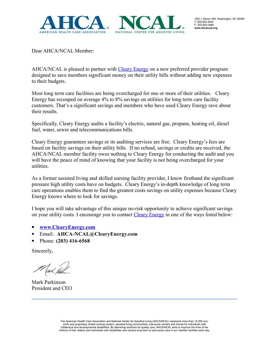 ClearyEnergy's tweet photo. Take a look at this letter from President and CEO of AHCA / NCAL, Mark Parkinson, showing his support for our AHCA / NCAL Members Only Utility Bill Audit Program! #AHCA_NCAL #utilityaudits https://t.co/ZBsyZ6rDyt