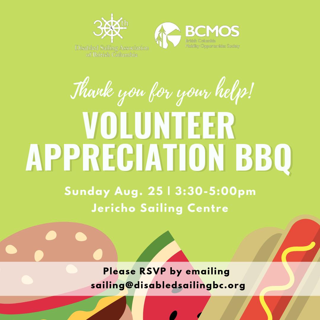 DisabilityFdn's tweet photo. Are you a #DSA or #BCMOS #volunteer? We want to say thank you! Join us on August 25th from 3:30-5:00pm at the Jericho Sailing Centre for a BBQ π Please RSVP by emailing sailing@disabledsailingbc.org! https://t.co/NyRuR3ITWO