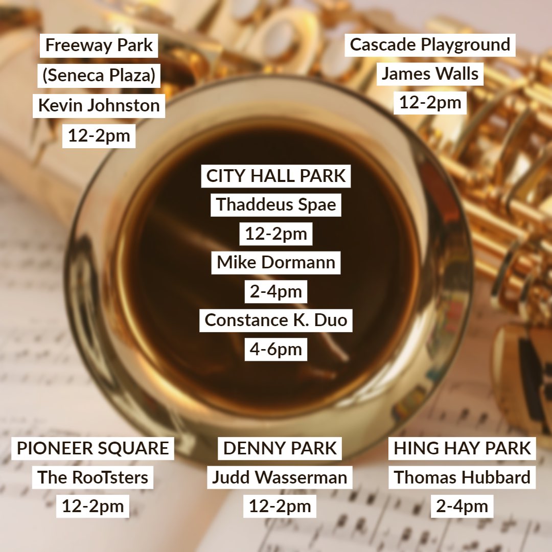 SeattleBuskers's tweet photo. Today’s #SeattleBuskers schedule! Grab lunch and stop by one of your local Center City Parks for FREE music! 🎶🎤 https://t.co/w8RboUCHgo