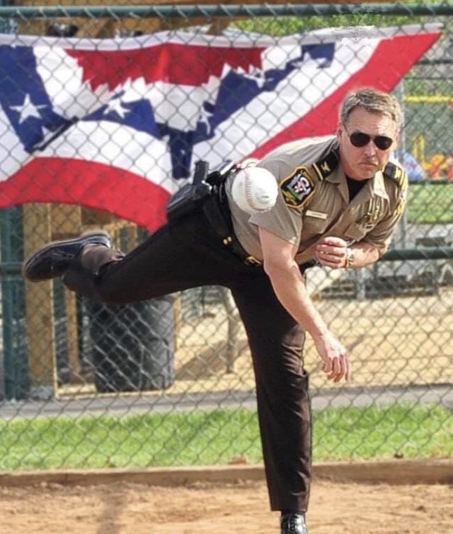 LoudounSheriff's tweet photo. Usually, Sheriff Chapman & the LCSO only talk about striking out crime! Today they are joining residents countywide in cheering for the #Loudoun South Little League baseball team. You can watch them now on @ESPN in the @LittleLeague World Series. #LLWS #HomeTeamPride https://t.co/S0jtQ6FsL9
