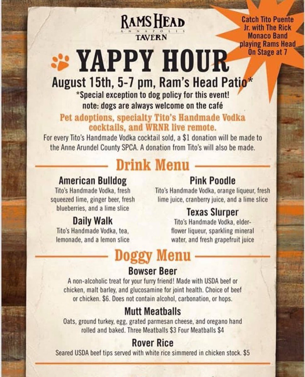 Come on out tonight to Yappy Hour at Rams Head Tavern!! Music, food, &amp; $1 from each Tito’s drink supports the SPCA of Anne Arundel County!! #spca #aacspca #titosvodka #yappyhour #annapolis #AdoptDontShop
