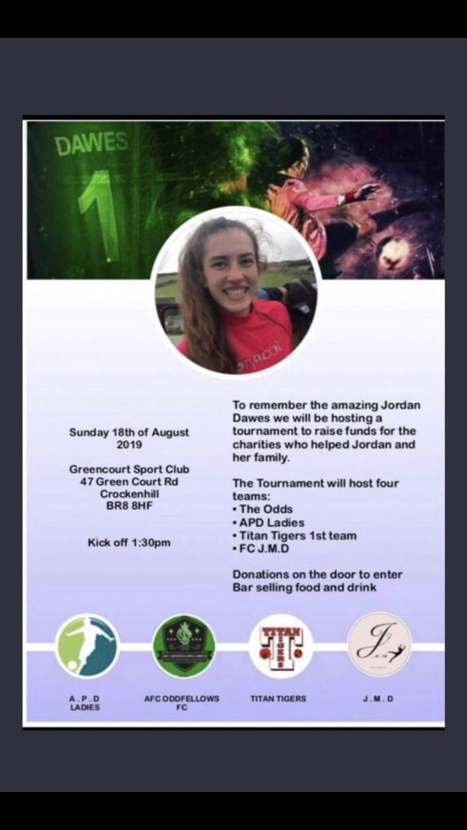 OddfellowsAFC's tweet photo. Get down to greencourt sports club this Sunday to support @AFC_OddfellowsG tournament in memory of Jordan Dawes. 

All money raised will go to charities that helped Jordan and her family, a great cause that we should all be supporting.

See you there! https://t.co/yhte4jSInv