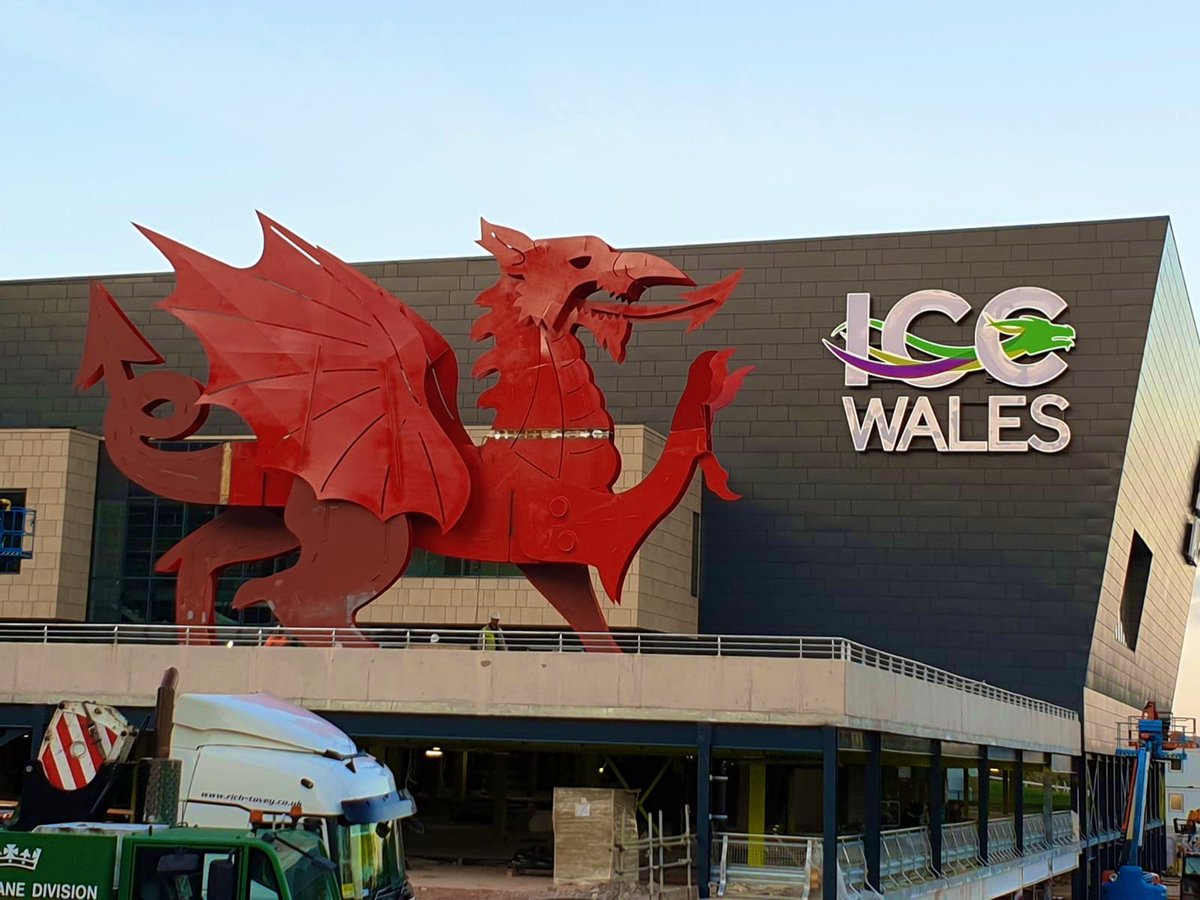 prosteeleng's tweet photo. We’ve still got some final touches to do on our dragon but you should now be able to spot it from the M4 sitting proudly @ICCWales https://t.co/Zw7u5Ed6Up