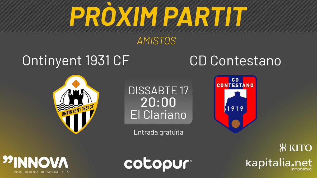 ⚽️ #PròximPartit | El futbol no para! Este dissabte rebem el CD Contestano de Javi Montava (Primera Regional). No t'ho pots perdre!
🆚 <a href="/Contestano_1919/">C.D.Contestano</a> 
📆 Dissabte
🕗 20:00
🏆 Partit amistós
📍 El Clariano
🆓 Entrada gratuïta