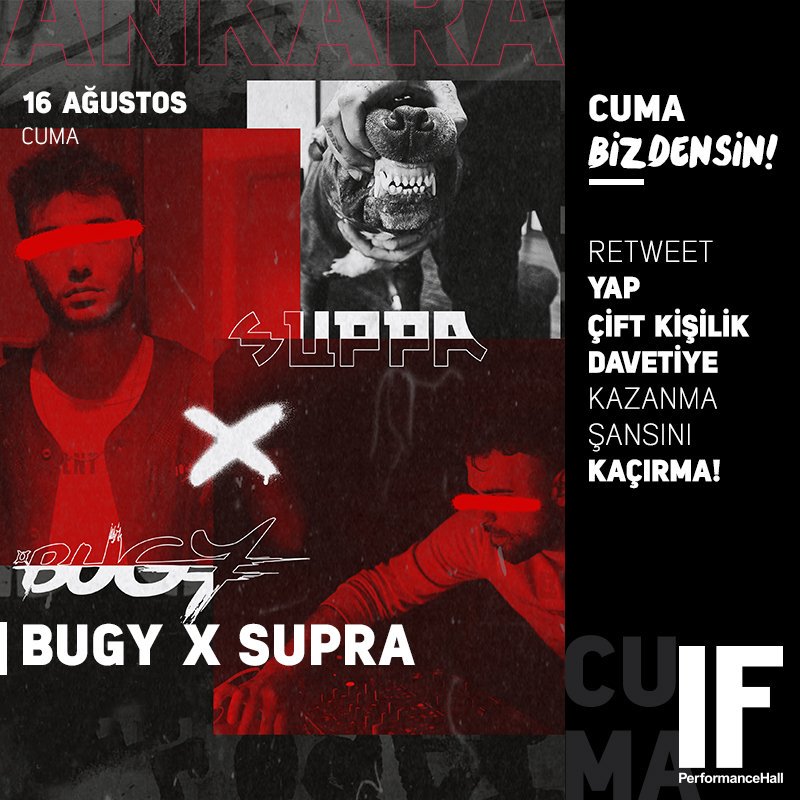 Bu iletiyi RT’leyenler arasından 5 takipçimiz yarın akşamki "Bugy x Suppa" Etkinliğine çift kişilik ücretsiz giriş kazanacaklar...