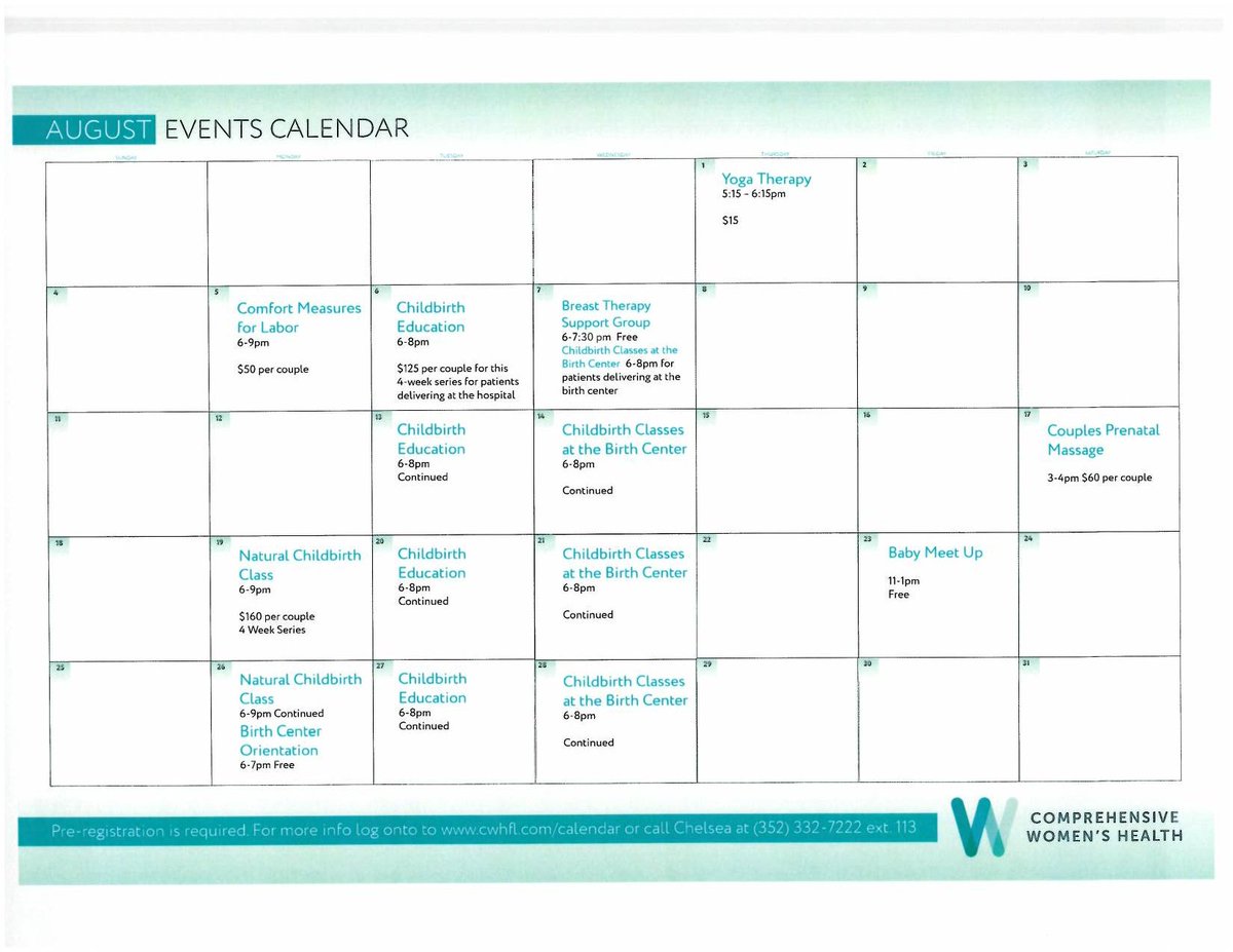 cwhfl's tweet photo. Curious about what Comprehensive Women's Health is up to this month?  Here's our August calendar of events!  Pre-register at https://t.co/o4C9wmms4P https://t.co/suJqkVqgb2