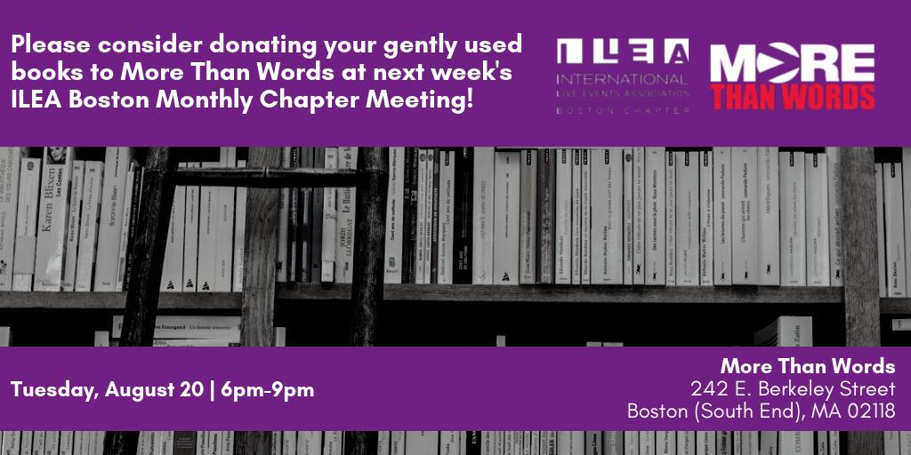 ILEABoston's tweet photo. Last minute announcements for next Tuesday's Monthly chapter meeting: Please consider donating your gently used books to our venue sponsor, @mtwyouth, to help benefit the communities they support! 

Thank you as always to our monthly partners!

#ileaboston #eventprofs https://t.co/4D9GSqyKnb