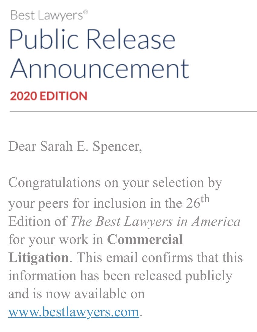 SarahESpencer's tweet photo. I am honored to be recognized for my commercial litigation practice. Thank you to my peers for voting for me to be included in the 2020 edition of The Best Lawyers in America. #BestLawyers #UtahLawyer #LoveToLitigate https://t.co/FqFT06uFwN