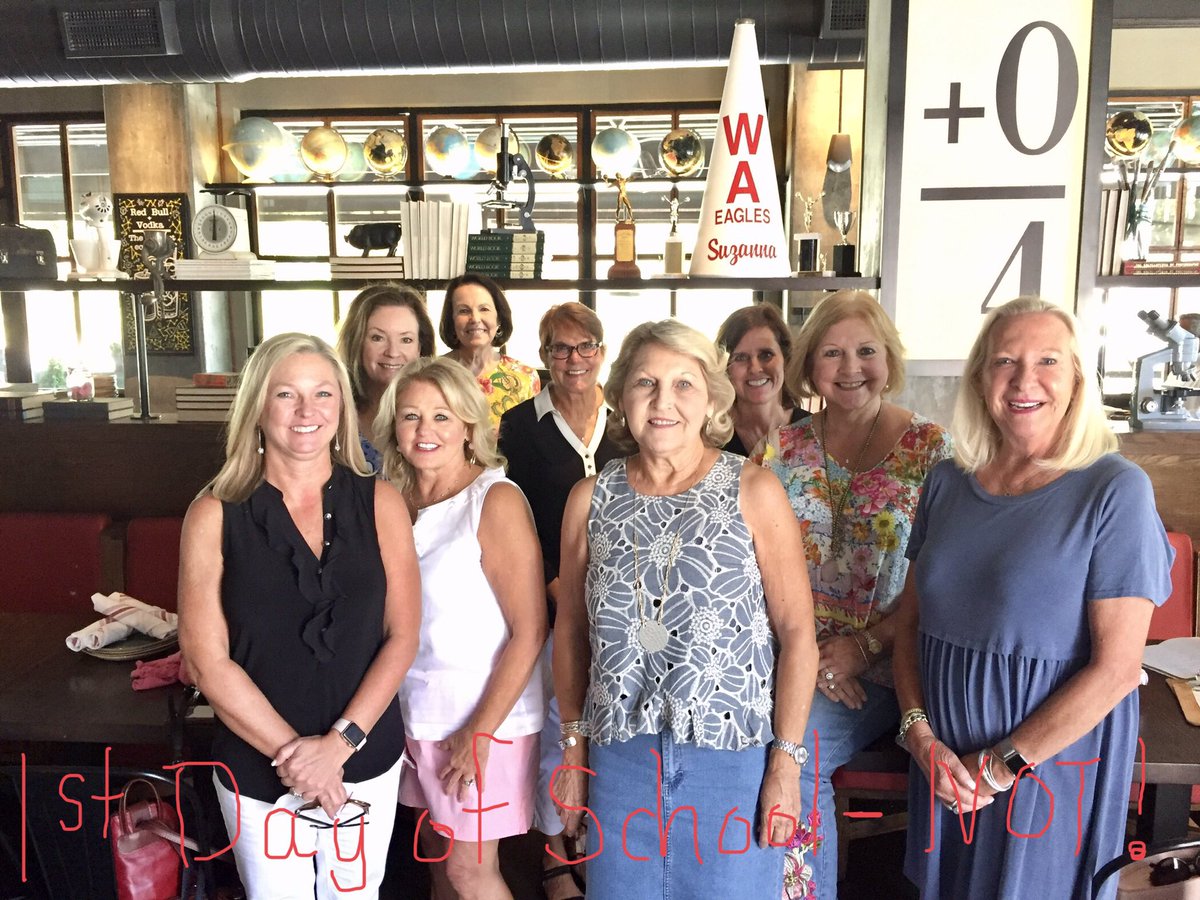 sherry_gary's tweet photo. WAS (Woodward Academy Sisterhood) retirees in “1st Day of School” (NOT!)
At Public School 404 Restaurant (notice the WA megaphone in their decor!) https://t.co/7pppo1lMYI
