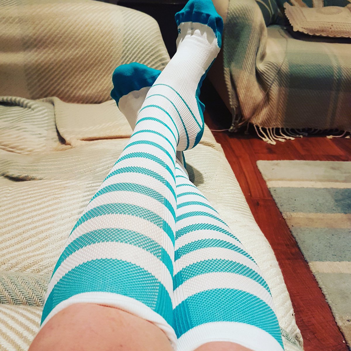 Jackie8's tweet photo. You know you're training for #ultramarathon when this is Thursday evening sock wear! Less the 2wks to go. My calves are protesting for fear of what I have planned. #thebigfive #fiveyearsclear #breastcancer. All 4 @Willow_Fdn @CoppaFeelPeople @breastcancernow @BCCare @CR_UK https://t.co/3CmJGsQ48A