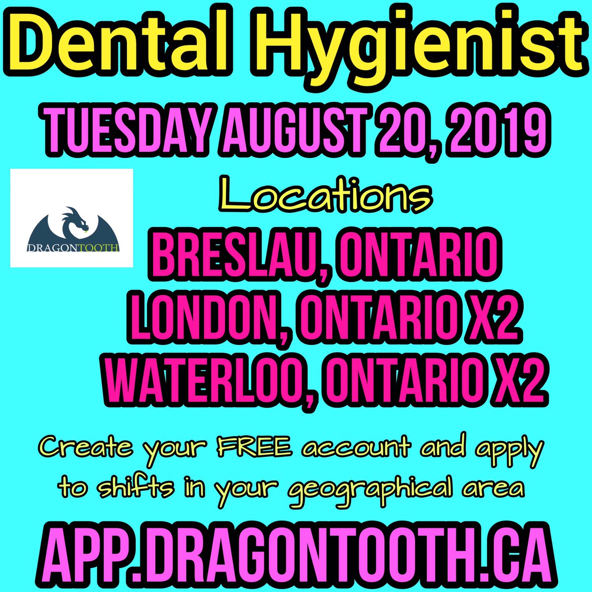 DragonToothApp's tweet image. Temp shifts available next week Aug 20, 2019 in side DragonTooth. Multiple shifts in the same city as well. Sign up and apply! Check out other days that are available as well. #rdh #cdha #cdho #thecdha #odha #londonontariojobs #londonontario #breslau #breslauontario #waterlooont